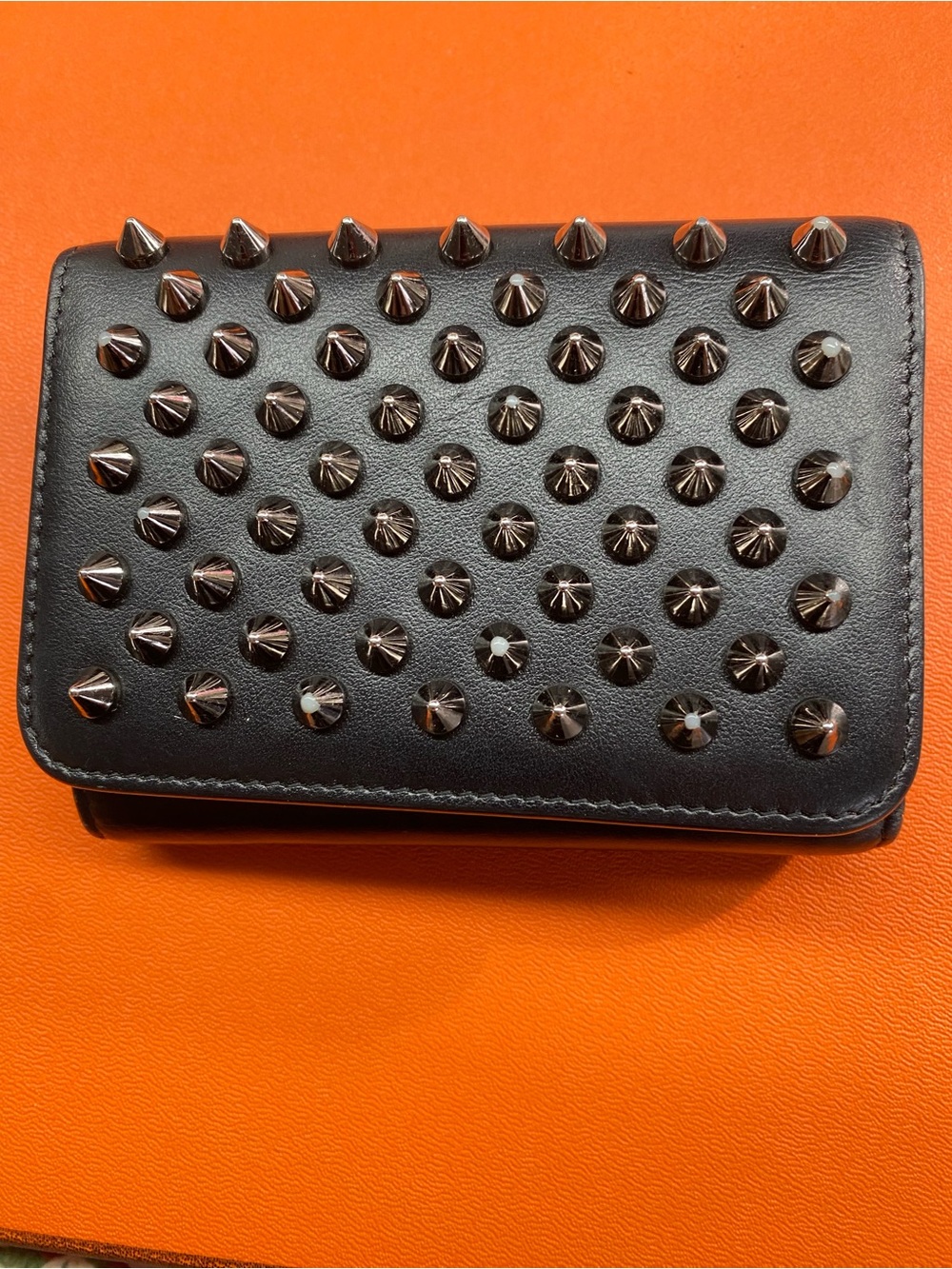 Christian Louboutin Black Leather Studded Compact Wallet with Red Zip Accent - Picture 2 of 16